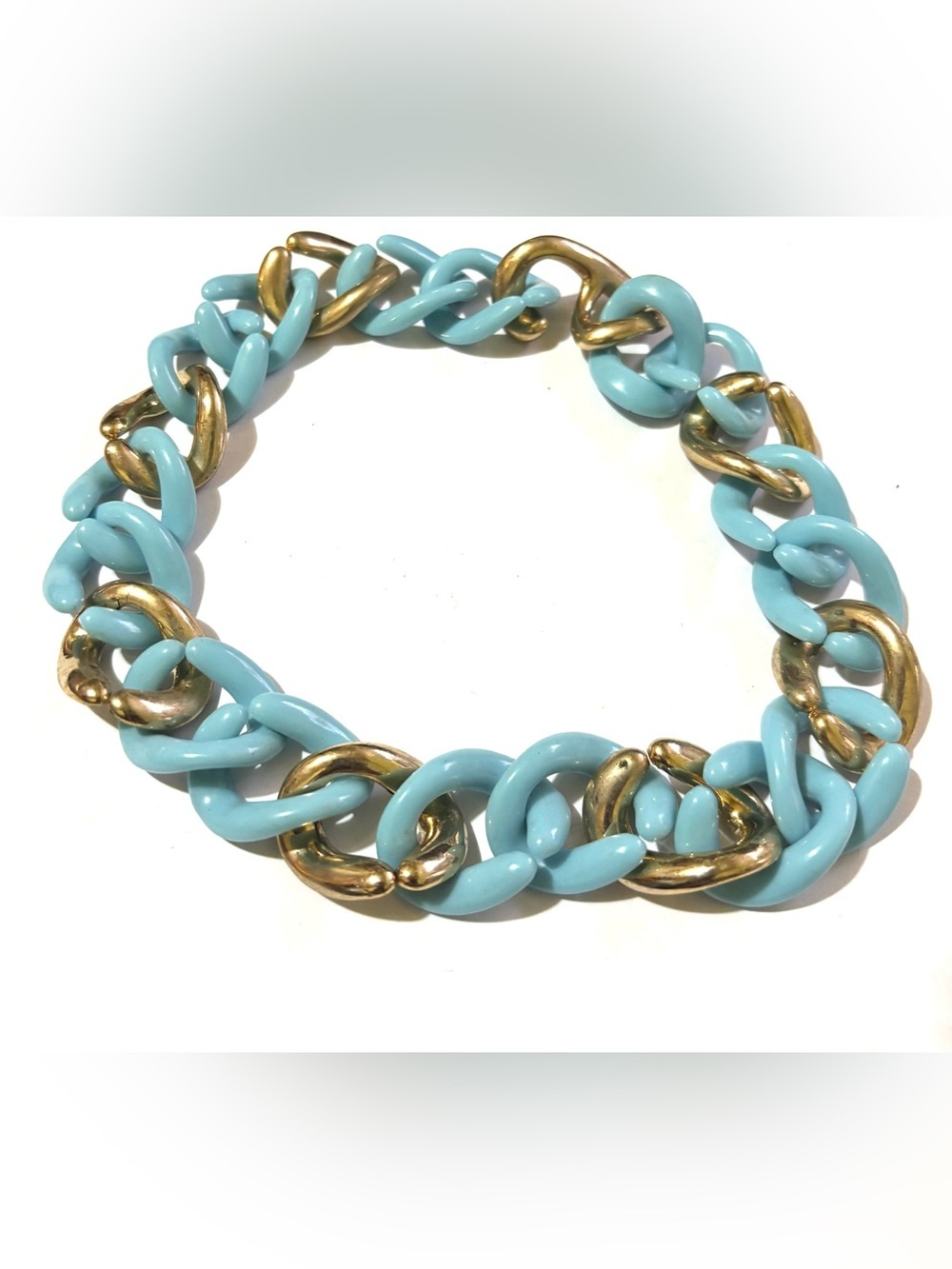 Aqua and Gold plastic Resin Link Necklace - Women's Fashion Jewelry unisex